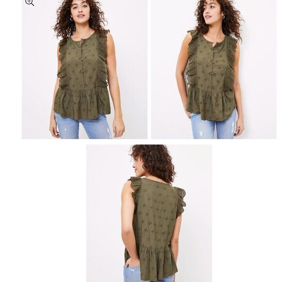 LOFT hunter green Eyelet Peplum Shell size XL NWT - Picture 7 of 7